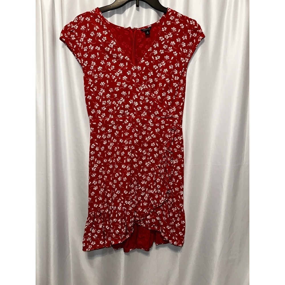 J Crew Mercantile Dress Size 4 Red Floral V-neck Ruffle Faux Wrap Cap Sleeve